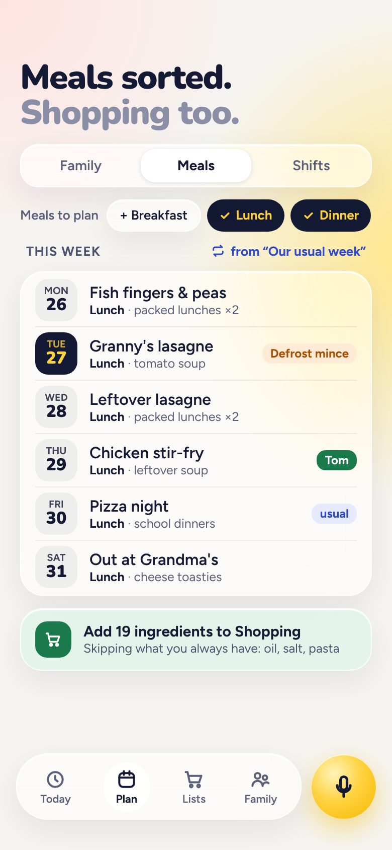 Kinify Meal plan screen