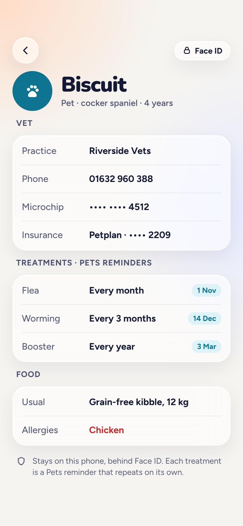 Kinify pet info screen for a dog called Biscuit